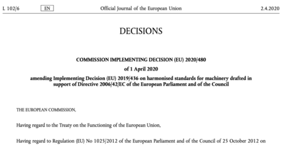 机械指令2006/42/EC：欧盟委员会更新了欧洲协调标